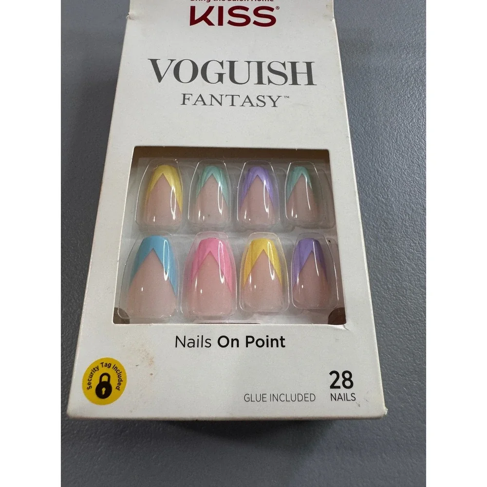 KISS Voguish Fantasy Nails Women Medium Pastel V-Tip Good 89212 Coffin 28ct